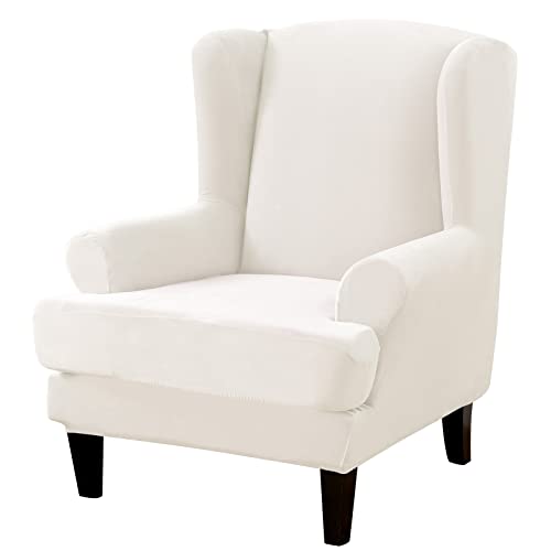 MIFXIN Velvet Wingback Chair Slipcover 2 Piece Stretchy Wing Chair Slipcovers Soft Spandex Washable Armchair Furniture Protector (White)