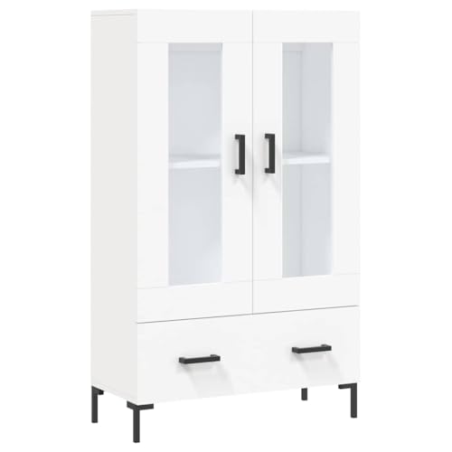 LKJephalotrop Aparador moderno de madera con puertas de cristal y patas de metal, color blanco, 69,5 x 31 x 115 cm, elegante vitrina para salón, pasillo y comedor, armario estable