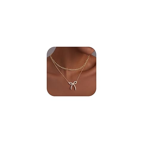 Gold Layered Necklaces for Women Chunky 14K Gold Silver Plated Stack Diamond Bow Statement Pendant Necklace Cute Trendy Dainty Small Tiny Bow Simple Choker Chain Jewelry Set for Women Gift