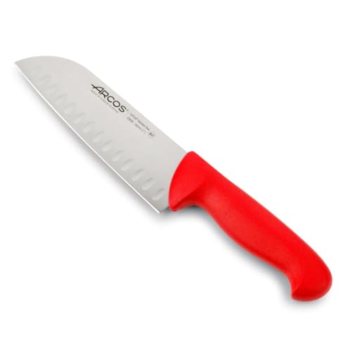 Arcos Série 2900 - faca Santoku com alveolos, lâmina de aço inoxidável de Nitrum de 180 mm, pega injetada em polipropileno, cor vermelha