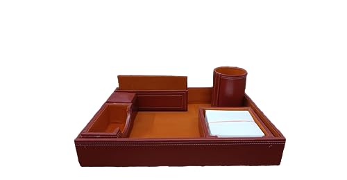 Image of LUVYANSH Genuine Leather Multipurpose Desk Organizer 6-in-1 Desktop Pen Stand With Business Card Holder Mobile Holder & Remote Stand for Office Desk Table Storage Organizer Box(Brown) Colour