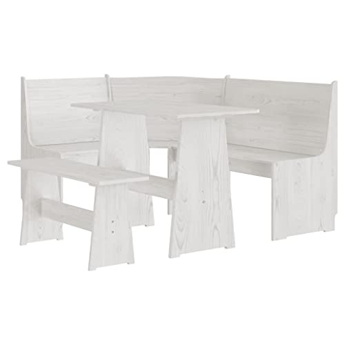 vidaXL Juego de Comedor 3 pzas, Banco de Esquina con Respaldo, Mesa de Cena, Mueble para Cocina Hogar, Madera Maciza de Pino Blanco