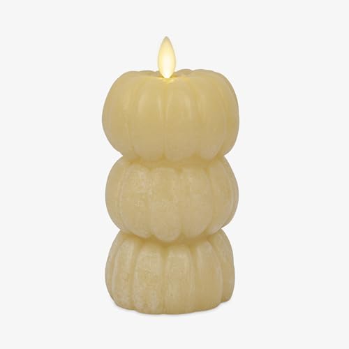 Image of Luminara Chalky Stacked Pumpkins Figural Flameless Flickering Moving Flame LED Candle (3.1 inch x 6 inch), Chalky Finish Real Unscented Wax, Time Function (Golden Husk)