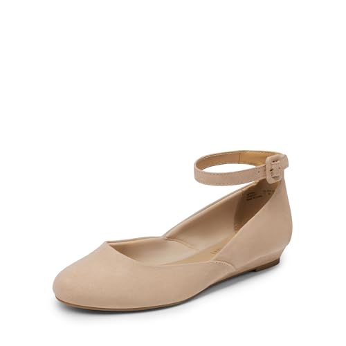 DREAM PAIRS Women's Dress Flats Ballet Low Wedge Round Toe Ankle Strap Comfortable Casual Flats Shoes 8 Nude Suede