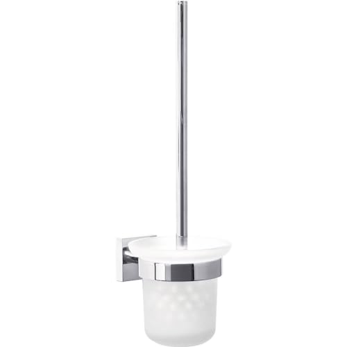 tesa EKKRO Toilet Brush Set - No Drill Toilet Brush with Frosted Glass Container - Includes Removable Glue Solution