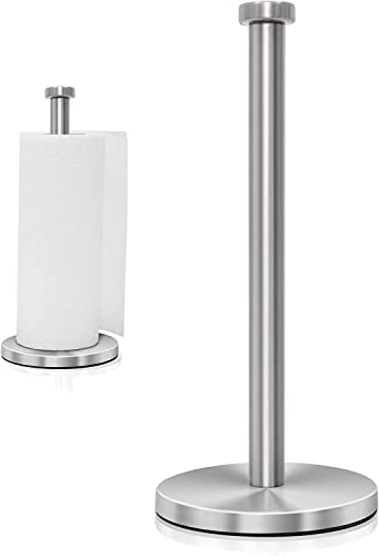 MIXDE Stainless Steel Paper Towel Holder Countertop Standing Paper Towels Holder for Kitchen Dining Table Bathroom Weighted Paper Towel Holder for Standard or Large-Sized Roll (Silver)