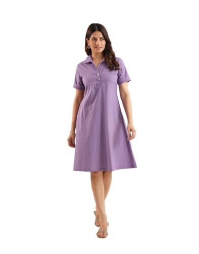 Image of Amazon Brand - INKAST Women Wide Collared Solid A -line Bottuned Mini Dress with Pockets | Summer Outfits | 100% Cotton | Casual Wear | One Piece