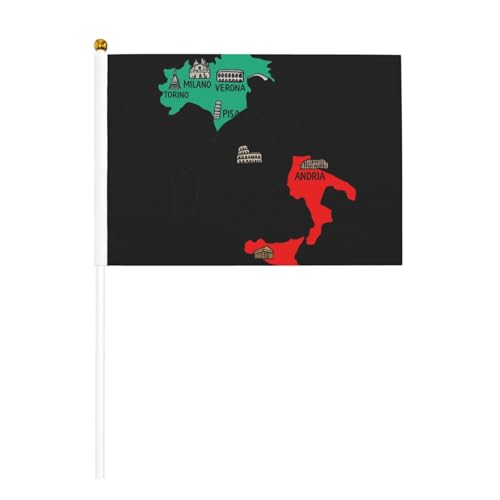 Paquete de 6 y 10 banderas de mapa de Italia marcadas con las ciudades marcadas, bandera de mano en palo, para desfiles, fiestas, bares, cumpleaños