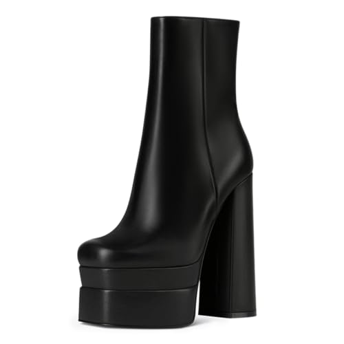FOWT Women Gorgeous Round Toe Platform Ankle Boots Chunky High Heel Side Zipper Ladies Party Prom Booties Size 4-16 US