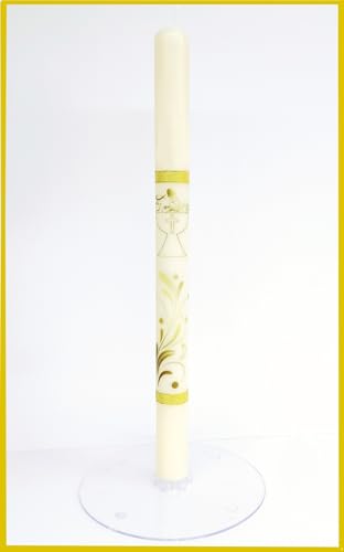 Vela/Cirio para bautizo de cera beig decorada con dibujos de ceremonia y rematada con cintas doradas de tela metalizada. Medida 3x40cm. Color ocre (SIN PERSONALIZAR)