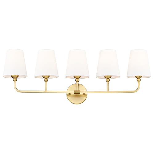Image of Bathroom Light Fixtures, 5 Light Brushed Gold Vanity Lights with Flared White Fabric Shade, 35 Inch Wall Sconce, Modern Sconces Wall Lighting for Hallway Bedroom, VL837-BG-5