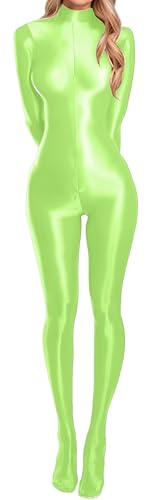 FEOYA Oil Shiny Bodysuit for Women Sexy Cosplay Catsuit Long Sleeve Full Body Jumpsuit One Piece Romper Outfit for Club Party Green