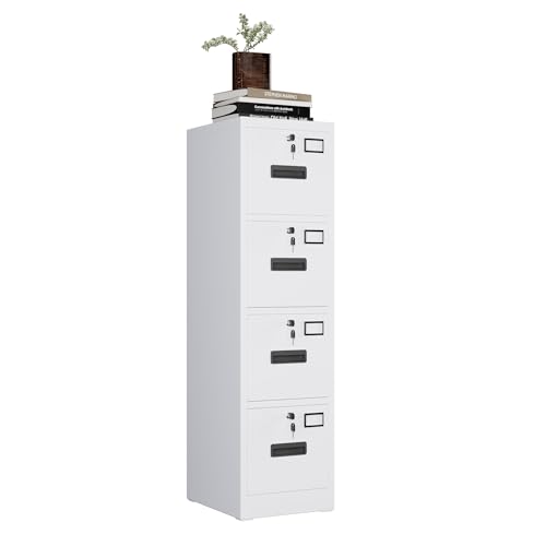 LALFPET Heavy Duty Steel File Cabinet with 4 Lockable Drawers – Vertical Organizer for A4/Letter/Legal Documents – Independent Locks, Space-Saving Secure Storage for Home Office School – White Color