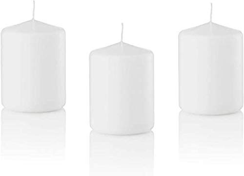 Higlow Bulk case of 12 White Pillar Candles - 40 Long Burning Hours Candle Set - 3-inch x 4-inch Dripless Candle - Perfect for Wedding Candles, Parties and Special Occasions
