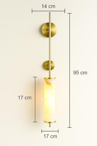 Image of blissbells Modern Brass & Alabaster Wall Sconce Light - Vertical Cylinder Design for Bedroom, Living Room & Hallway Decor (Cylindrical Sconce)
