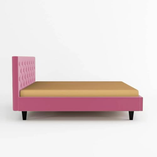 Image of Wooden Modern Upholstered Queen Size Bed for Bedroom | Wooden Double Bed Without Storage | Platform Cot Upholstered Bed with Upholstery Fabric | Engineered Wood | 6.5 x 5 Ft | Pink