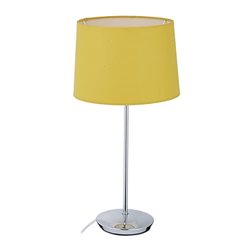 Relaxdays Lampada da Tavolo Classica, Luce con Attacco E14 e Paralume in Stoffa, Abat Jour da Comodino Vintage, Giallo