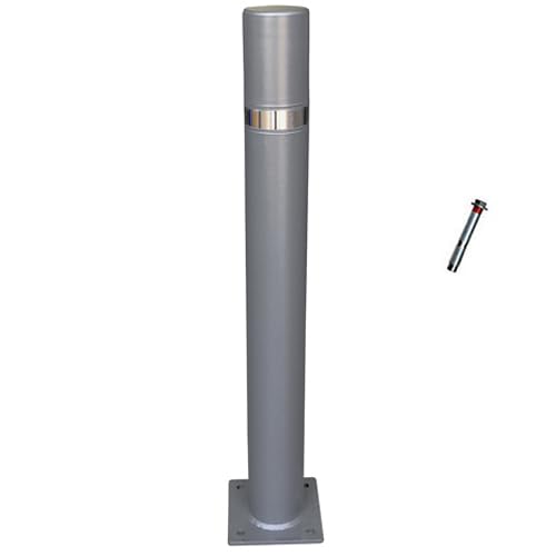 PAL | Pilona fija con placa inferior modelo Barceco. Bolardo de hierro con parte superior en acero inoxidablede 90x800 mm para atornillar a suelo (1- Bolardo + Tornillería)