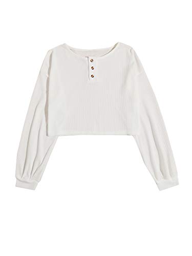 Floerns Women s Casual Long Sleeve Button Up V Neck Henley Shirts Crop Tops White M