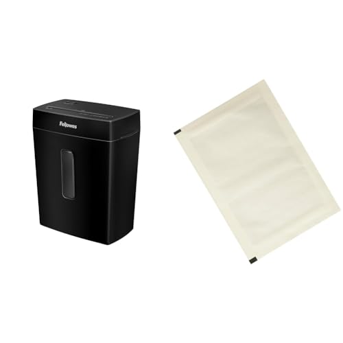Fellowes Aktenvernichter, Papierschredder für 8 Blatt Partikelschnitt & Amazon Basics - Schmiermittelblätter für Aktenvernichter, 12er-Pack Automatisch, Mikroschnitt, Weiß