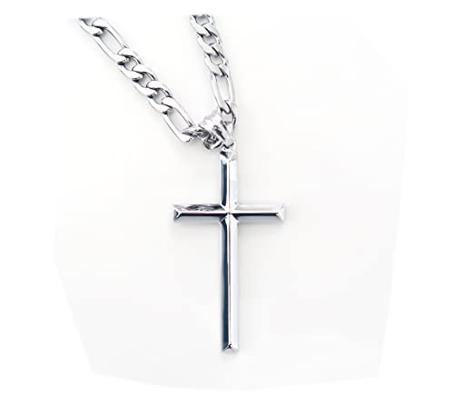 14K White Gold FIGARO Chain CUBAN LINK Style Cross Pendant Necklace Solid plated Clasp for Men, Husband Father Miami Cuban Link Diamond Cut Religious Beveled Edge