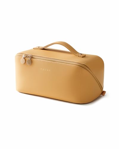 Image of EACHY Travel Makeup Bag, Large Capacity Cosmetic Bag for Women, Waterproof PU Leather, Flat Open Portable Toiletry Bag for Skincare, Brushes & Travel Essentials