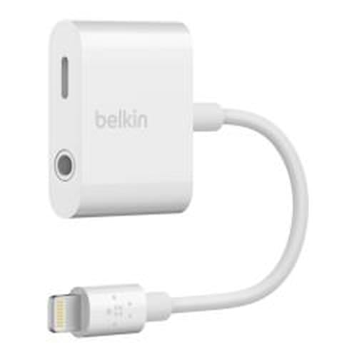 Belkin F8J212BTWHT Lightning & 3.5mm Audio Dual Adapter, Compatible with iPhone 14/13 / 12 / SE / 11 / XR, MFi Certified, Earphones & Charge Simultaneously, Data Transfer, White