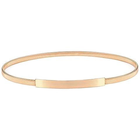VONMELLI Skinny Elastic Metal Cinch Belt for Dress Stretch Thin Waist Belt for Women Gold Tone M Cover