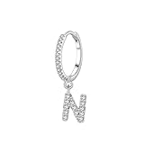 Stfery Pendientes de aro de oro blanco de 9 quilates para mujer, oro real, con letra N, aretes colgantes de moissanita AU375 para ella
