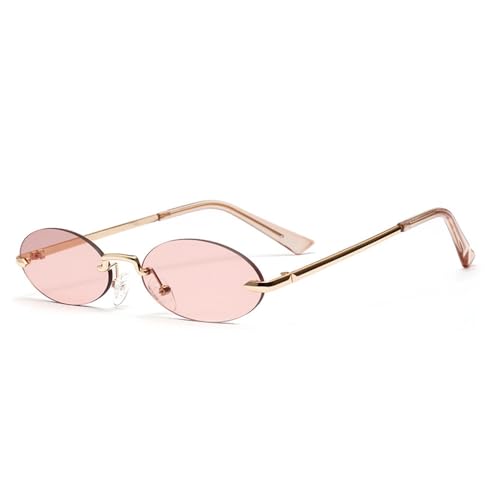 Frameless Small Oval Sunglasses Women Metal Clear Pink Lens