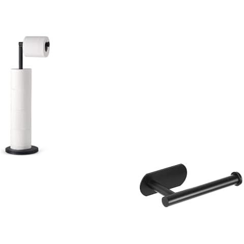 LAYUKI Toilet Paper Holder Self Adhesive & Free Standing Toilet Paper Holder Stand, Matte Black Finished Stainless Steel Rustproof Tissue Roll Holder Floor Stand Storage for Bathroom（2 Pack） Cover