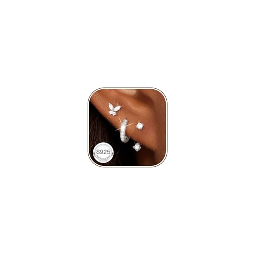ZNBOH 3 Paires Boucles d'oreilles Argent 925 Femme Fille Plaquée Or 18 Carats Clou d'Oreilles Hypoallergénique Zirconium Papillon Trefle Creoles Piercing...