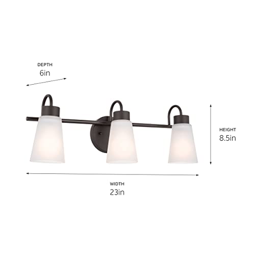 Image of Kichler Erma 3-Light Bathroom Vanity Light Fixture with Satin Etched Glass Shades, Traditional Wall Mount Lighting over Mirror in Olde Bronze, 23 x 8.5 in, 45887NI