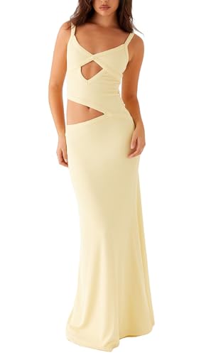 Image of NUFIWI Women Bodycon Spaghetti Strap Cutout Maxi Dress Hollow Sexy Fitted Dresses Sleeveless Stretch Slip Long Dress