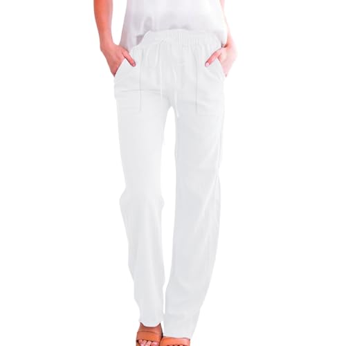 SHOPESSA Linen Pants Women Drawstring Elastic Waist Lounge Pants Straight Leg Work Casual Trousers with Pockets