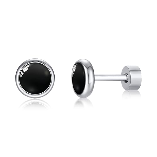 FACOKO 4mm Black Onyx Titanium Flat Back Stud Earrings Hypoallergenic Unisex Piercing Earrings for Men Women