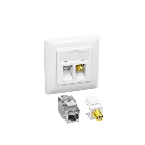 ProfiPatch Keystone Network Socket LAN Socket Cat6A 500MHz Flush-Mounted 1x RJ45 Port Connection + 1x F-Connector POE CAT7, CAT6A, CAT6, CAT5 Shielded White