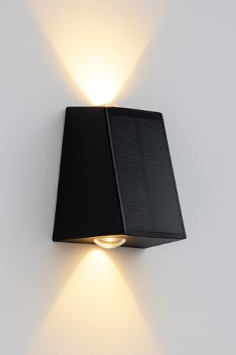 AVENDO Solar Wandleuchte außen IP65 – Up/Down warmweiß mit Dämmerungssensor, integriertes Solarpanel im minimalistischen Design; kabellose LED Außenwandleuchte für Hauswand, Terrasse & Balkon