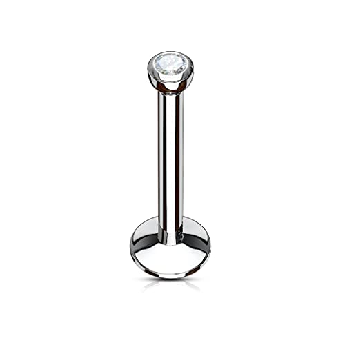 PiercedOff 316L Surgical Steel 18GA Labret with Clear CZ gem (T 1mm x L 8mm x B 2mm)
