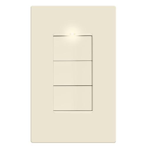 Image of LIDER Lighted Triple Switch with Screwless Wall Plate, Combination Frameless Decorator Switch with Locator Light, Ground Terminal, Single Pole, 15A 120V, UL Listed, Thermoplastic, Matte Light Almond