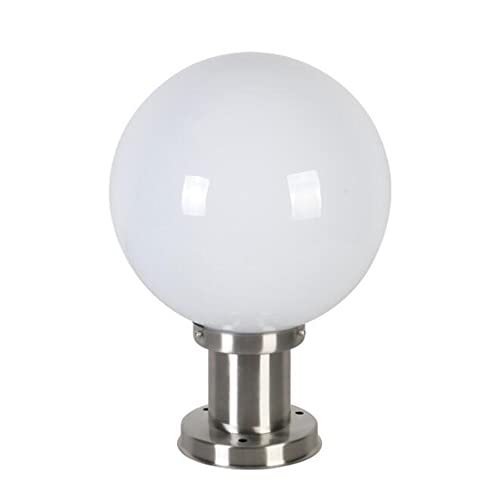 BLOOHK Farola esférica moderna para exteriores, IP65, resistente al agua, de acero inoxidable, con globo acrílico blanco y base E27, ideal para iluminación de puertas de jardín, patios, vallas y camin