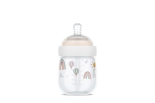 Mepal, Biberón Mio, Tapa transparente para almacenamiento, Anticólicos Biberones, Diseño en espiral evita obstrucciones, Silicona de grado médico, 165 ml, Sunshine & Rainbow