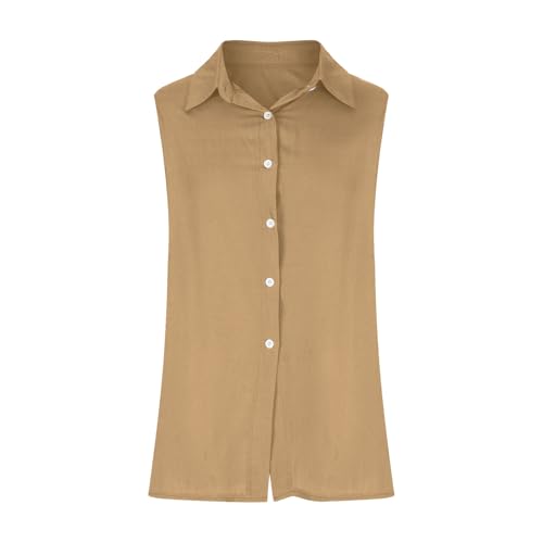 Camisas de algodón y lino para mujer sin mangas caqui XXL 3
