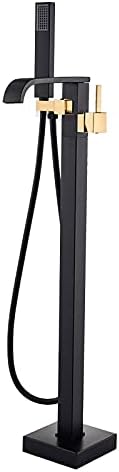 Freestanding Black and Brass Bathtub Faucet - Modern Waterfall Design, Single Handle Floor Mount Tub Filler with Handheld Shower & 360° Swivel Spout for Luxury Baths
