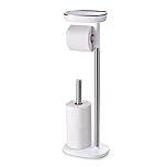 Joseph Joseph Bathroom EasyStore Free Standing Toilet Paper Roll Holder with small storage shelf, Stainless Steel, 24 , White / Steel