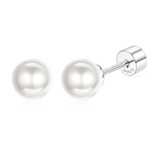 Sterling Silver Pearl Earrings for Women 18K Gold Plated Small Pearl Stud Earrings White Pearl Flat Back Earrings Brides Bridesmaids Wedding Earrings Jewelry