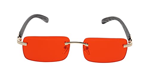 Elite Slim Rimless Rectangular Metal & Wood Art Aviator Sunglasses (Red)2