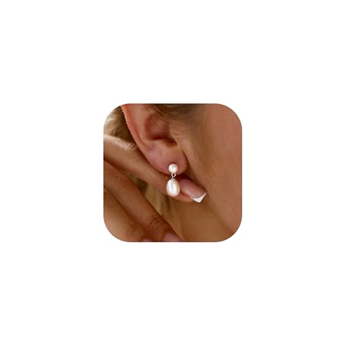 Pearl Dangle Earrings for Women 14K Gold Plated with CZ Drop Freshwater Pearls Flower Earring Wedding Brides Trendy Prom Jewelry Cute Gifts (Silver-stud-pearl)