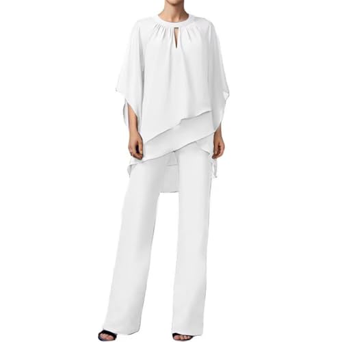 2 piezas de pantalones para madre de la novia para mujer, vestido de gasa con manga 3/4 con volantes, traje formal de boda, blanco, M