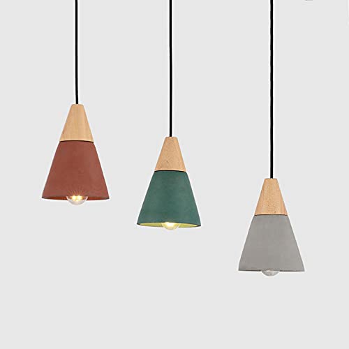 Lampe Suspendue en Ciment E27 Macaron Rouge et Bois Massif - 4